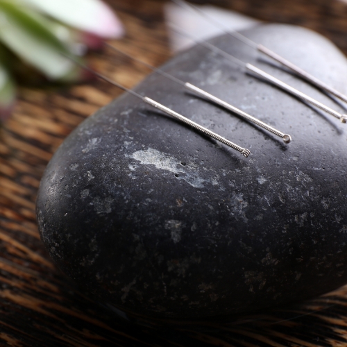 Dry needling needles resting on a smooth black rock.
